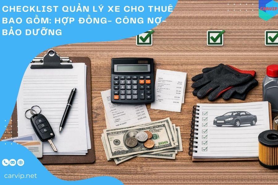 Checklist quản lý xe cho thuê bao gồm: hợp đồng- công nợ- bảo dưỡng  